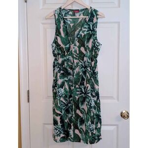 GUESS Tropical Palm Print Dress L Sleeveless Button Front Open Slit Skirt Resort